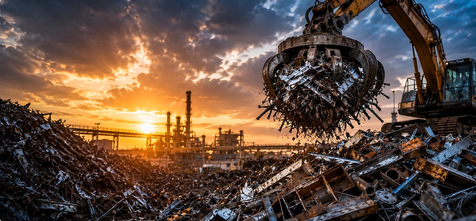 Industrial scrapyard at sunset